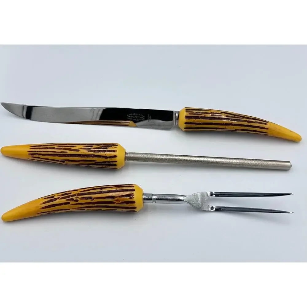 Vintage E. Parker & Sons Sheffield Faux Antler Bakelite 3pc Carving Knife Set
